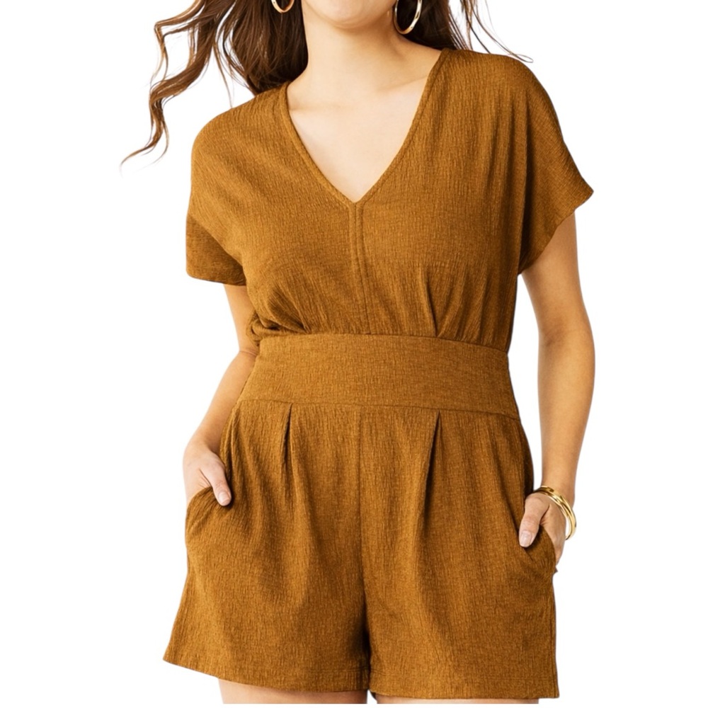 Nine West Mustard Brown Tie Back V Neck Dolman Sleeve Romper XXL